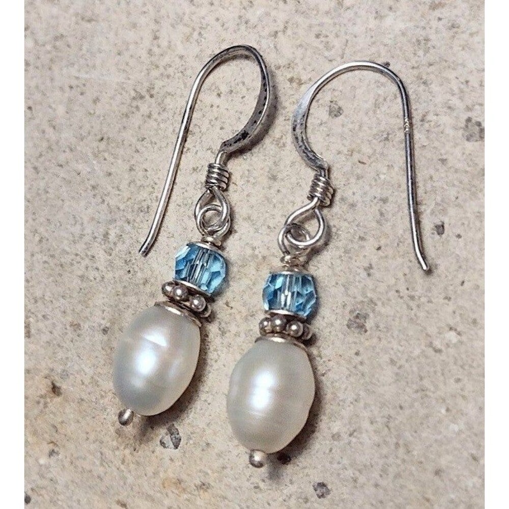 Blue Crystal Bead Pearl Sterling Silver Dangle Earrings
